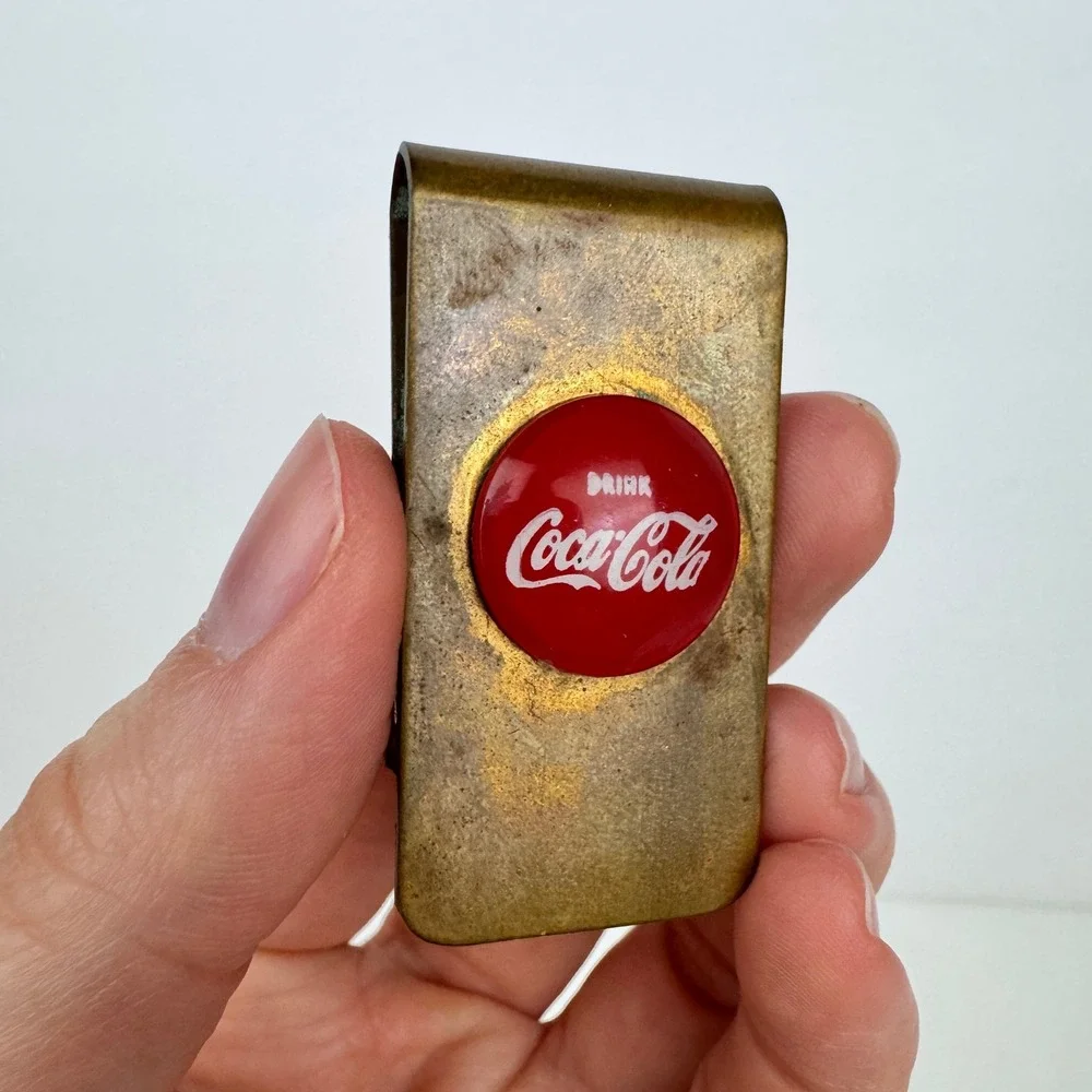 Vtg Coca Cola Coke Soda Merch w Red Logo Money Clip Brass Gold Color Metal Aged
